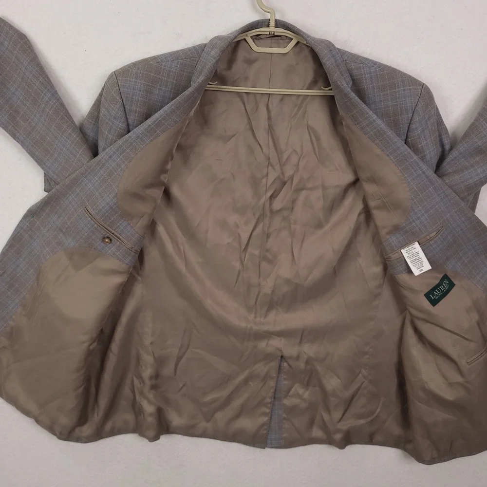 Lauren Ralph Lauren Blazer Mens 50R Tan Blue Plaid Silk Wool Sport Coat Jacket
